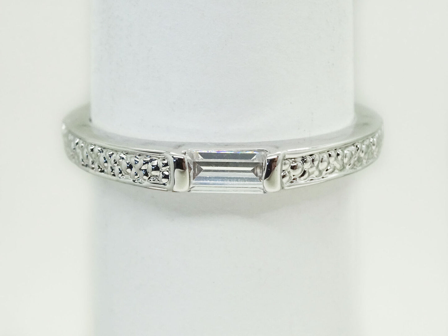 White Topaz Baguette Thin Stackable Band Ring Size 7.25 Rhodium Plated