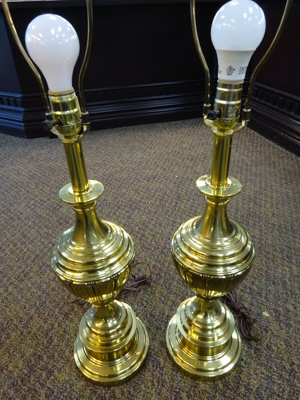 Mid-Century STIFFEL BRASS Table Lamps,Urn Style,w/ Matching Shades,Pair of 2