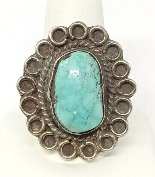 Large Old Pawn Native American Navajo Sterling Silver Turquoise Ring, Sz.7.75