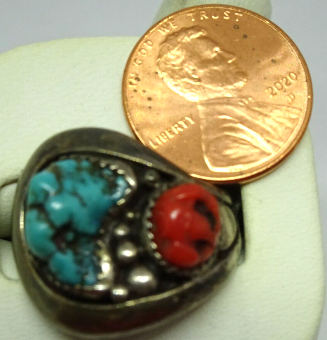 Old Pawn Native American Navajo Sterling Silver Turquoise Coral Nugget Ring, CP