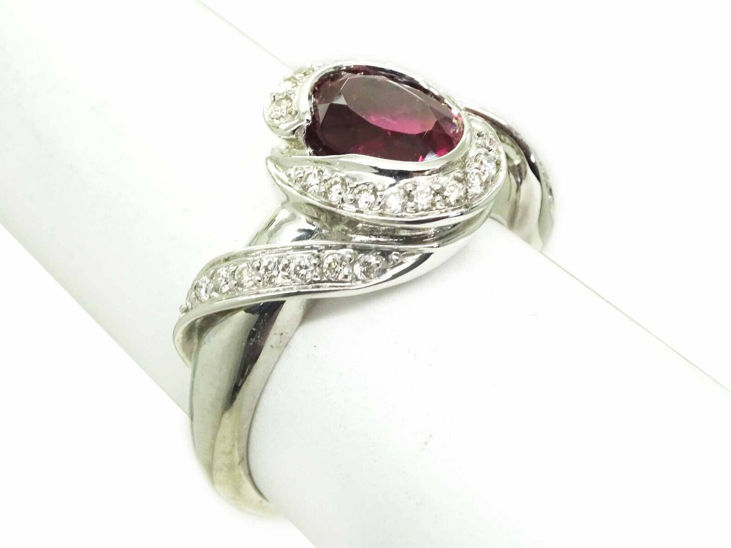 Natural Rubellite Tourmaline & Diamond Ring 14k White Gold Size 9