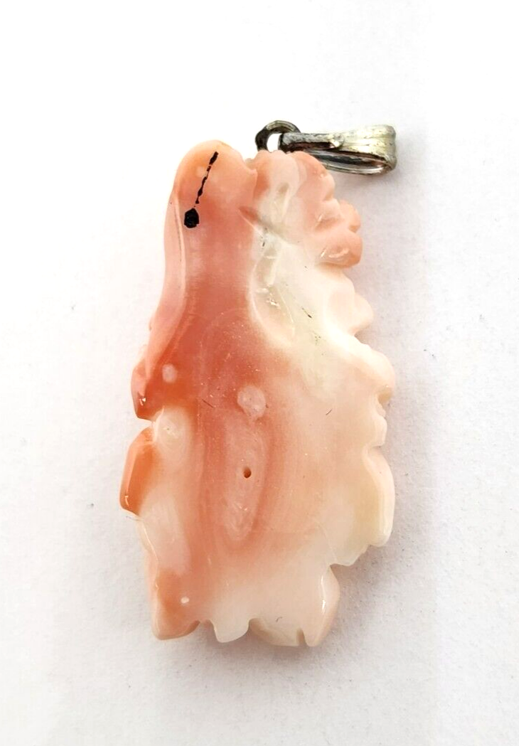 Carved Floral Angel Skin Coral Sterling Silver Pendant 1.25" Long