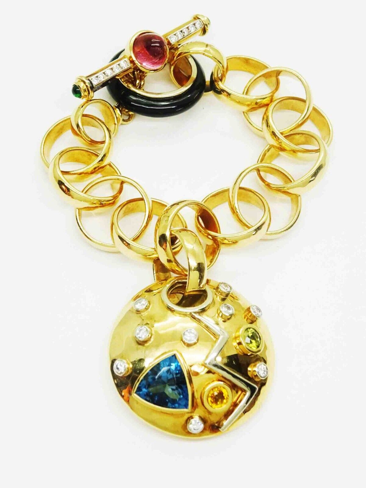 5.32ct tw Natural Multi Gem Round Dangle Rolo Link Toggle Bracelet 18k Gold