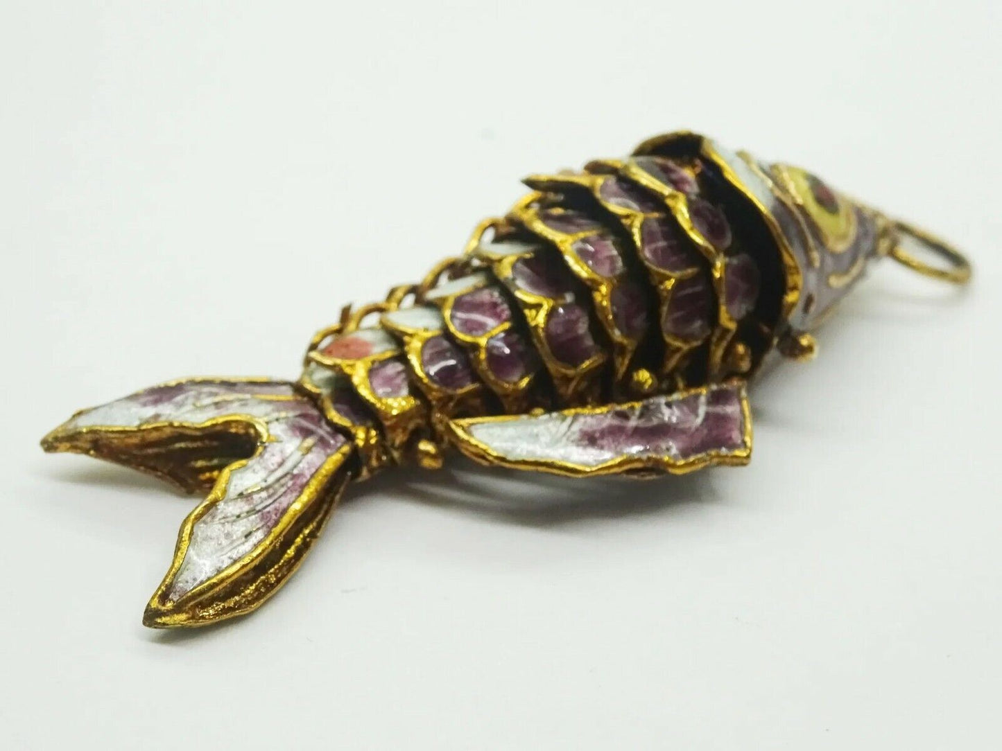 Vintage Chinese Sterling Gold Wash Purple Enamel Articulated Fish Pendant