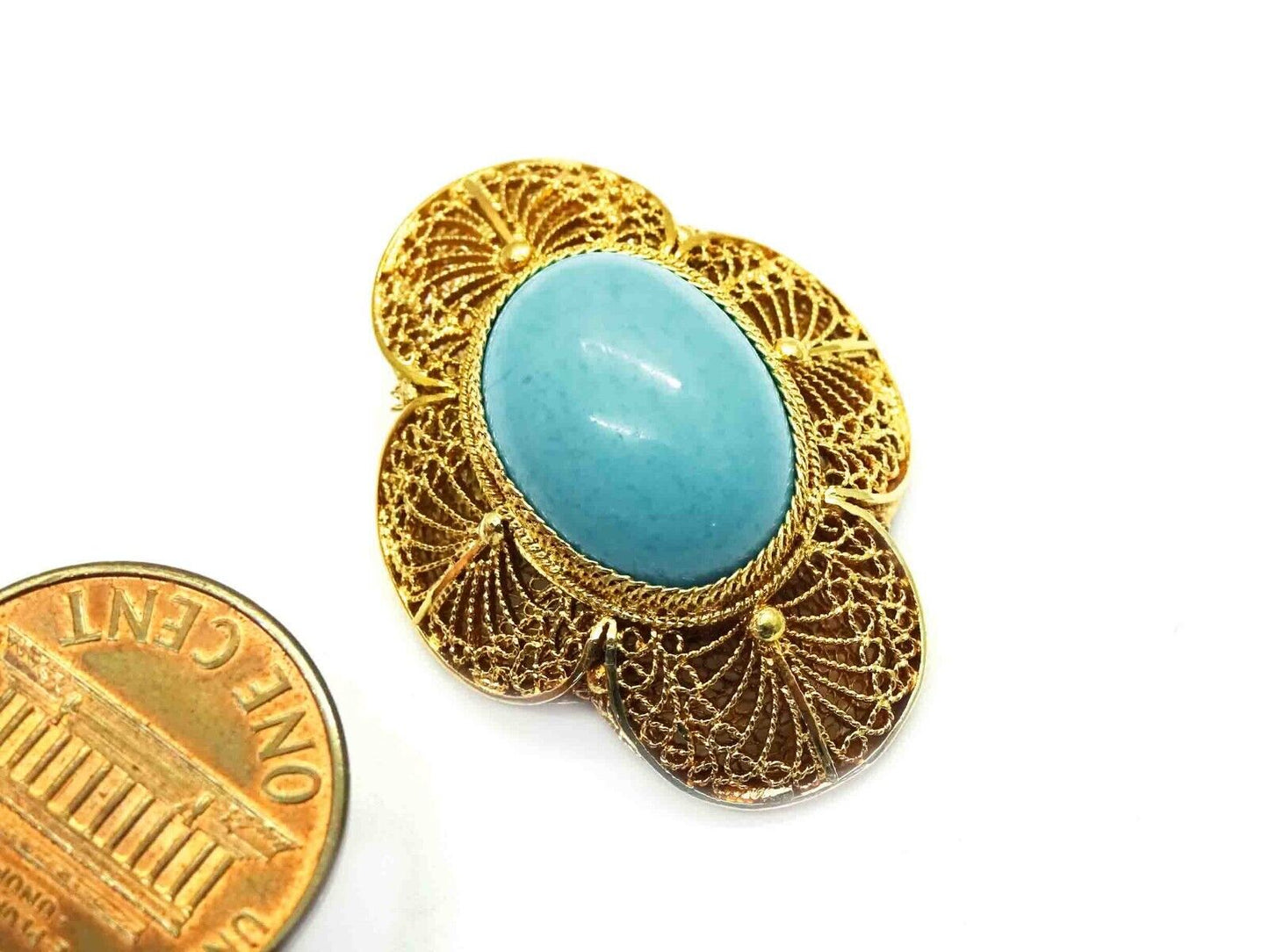 Natural Robin's Egg Blue Oval Turquoise Cabochon Filigree Pendant 14k Gold