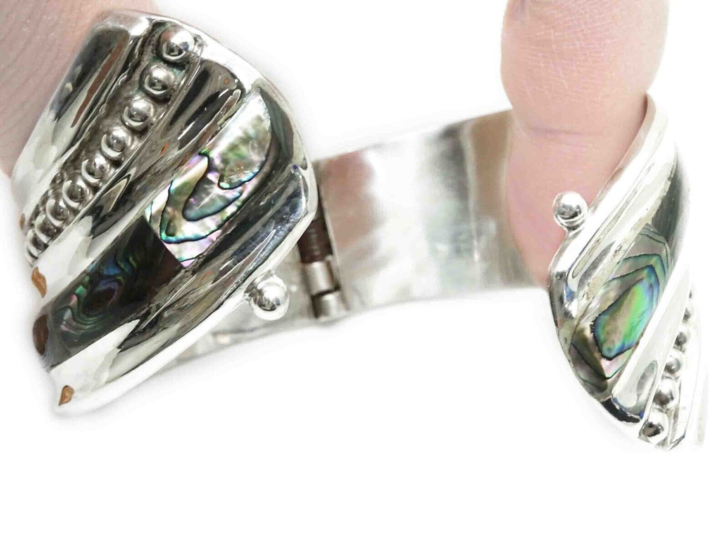 Taxco Mexico Abalone Inlay Clamper Cuff Bracelet Sterling Silver 48.9 Grams