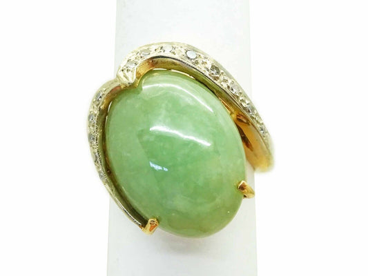 Vintage 9.65ct tw Jade & Diamond Ribbon Filigree Ring 14k Gold Size 6.5