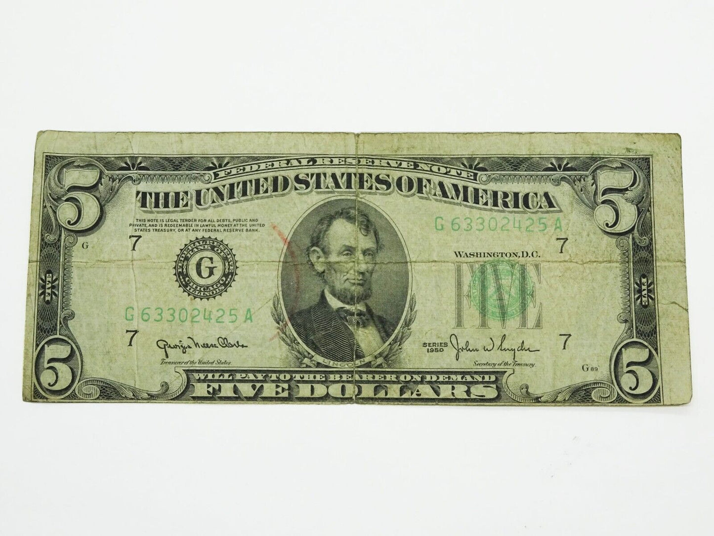 1950 Series Error Cut $5 Five Dollar Federal Reserve Note G63302425A