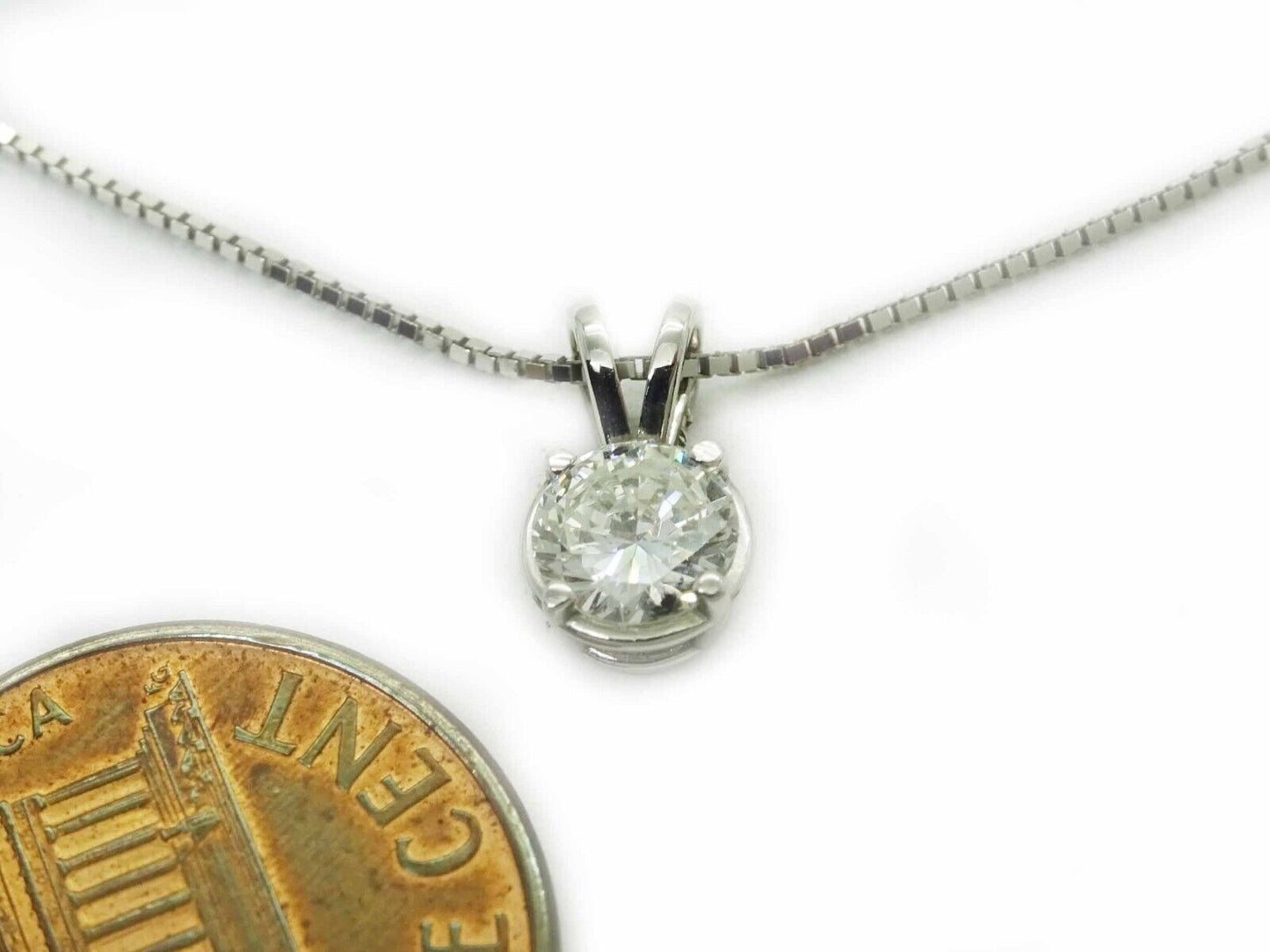 0.50ct Solitaire Round Natural Diamond 14k WG Charm Pendant on 10k WG Box Chain