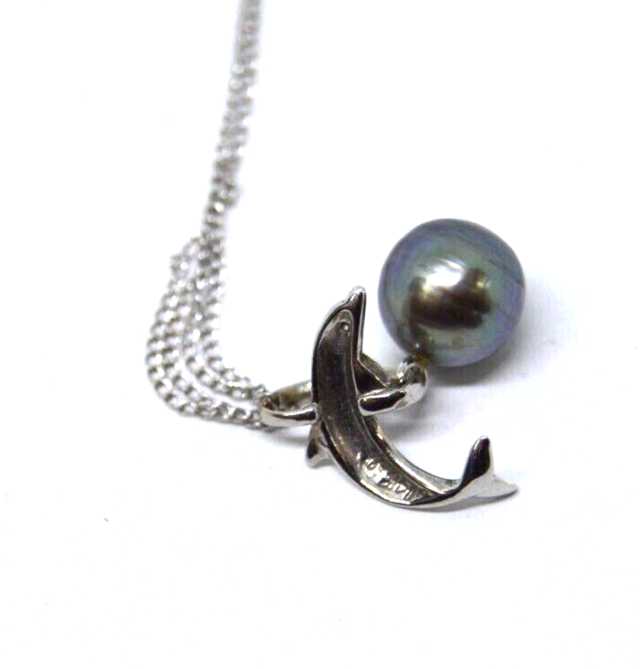 9mm Black Pearl & Diamond 14k White Gold Dolphin Pendant