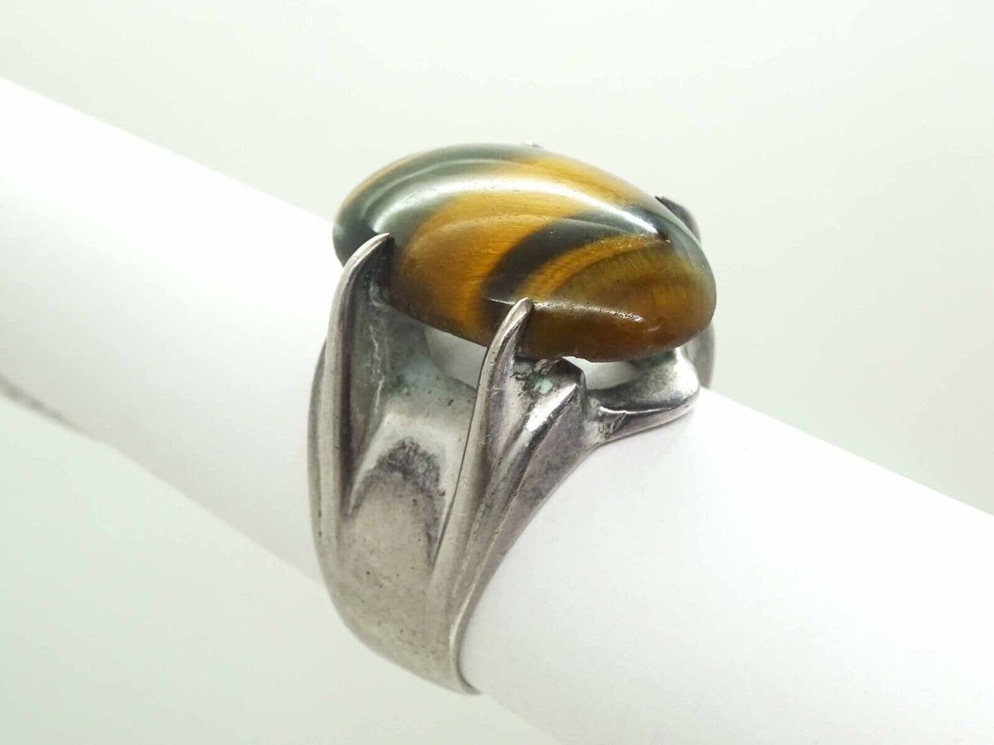 Large Oval Tiger’s Eye Cabochon Ring Solid Sterling Silver Size 10.5