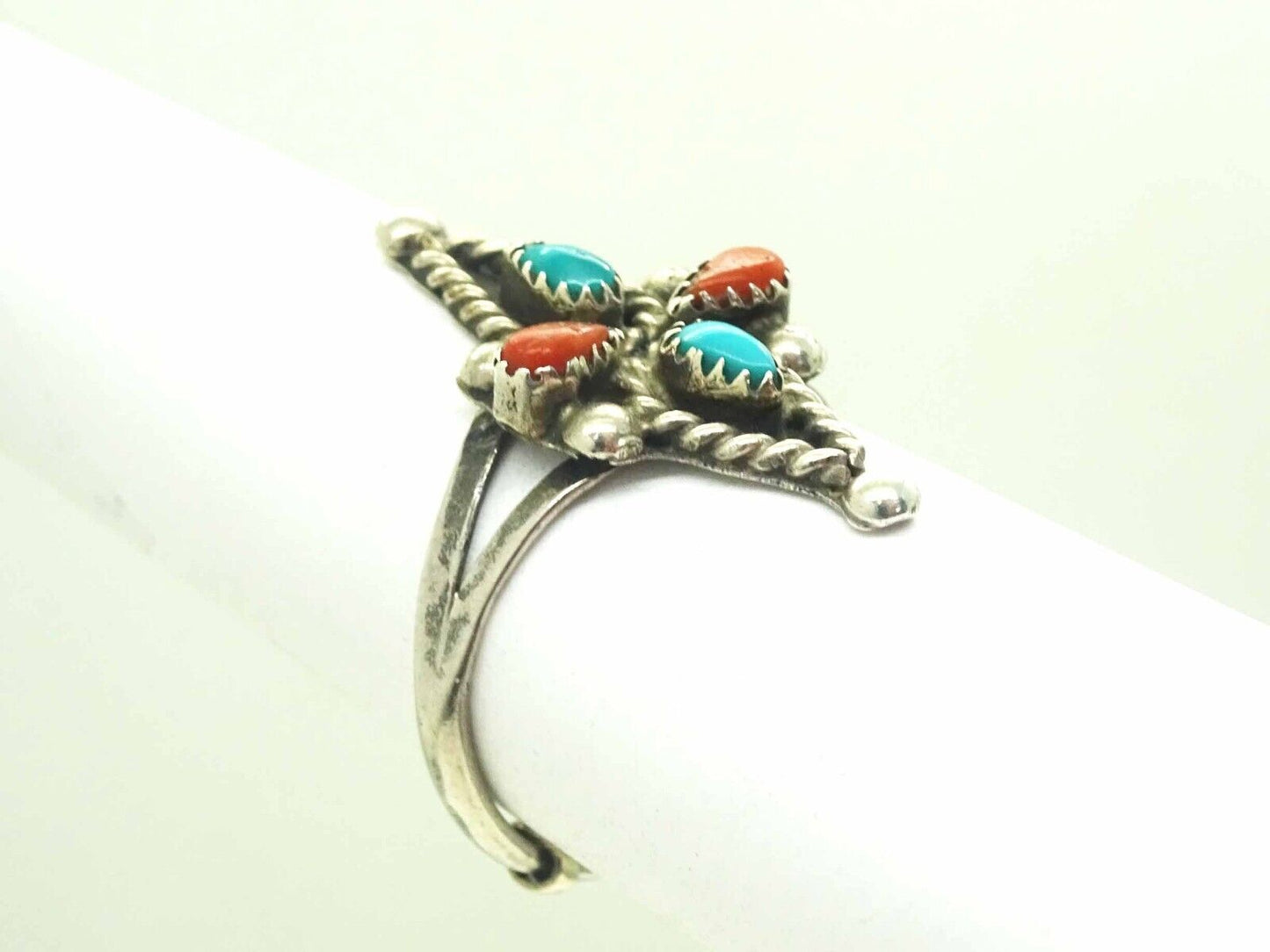 Southwestern Needle Point Turquoise & Red Coral Ring Sterling Silver Size 6.5