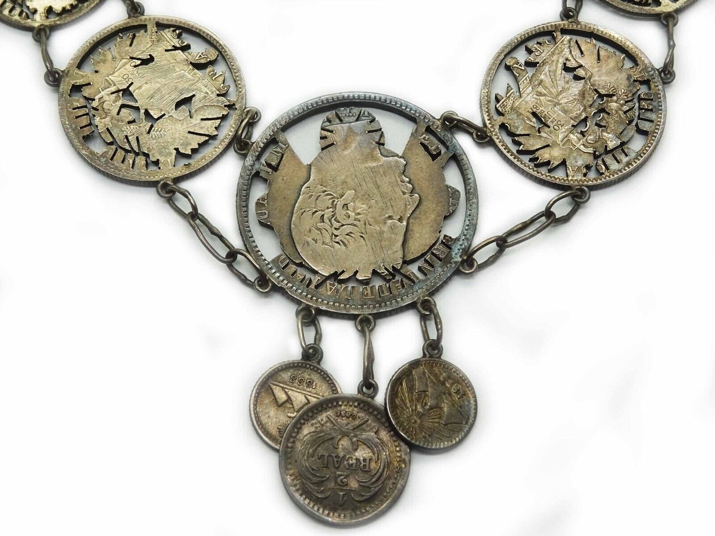 Antique Early 20th Century Cut Coin Silver Necklace Guatemalan Reals 1863-1899