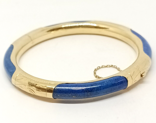 Vintage 14k Yellow Gold Lapis Lazuli Bangle Bracelet W/ Chain