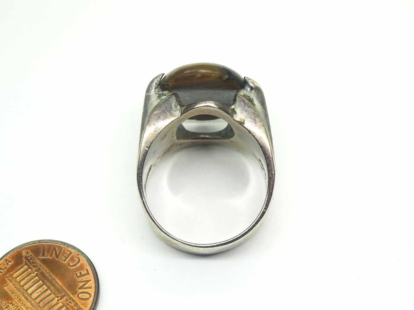 Large Oval Tiger’s Eye Cabochon Ring Solid Sterling Silver Size 10.5