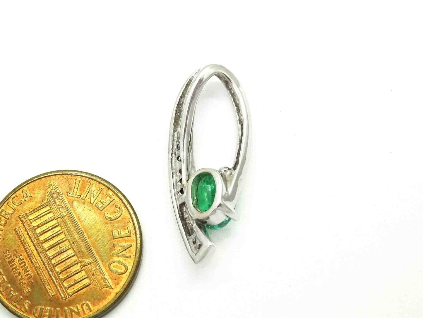 Natural Oval Emerald & Diamond Accent Open Loop Slide Pendant 14k White Gold