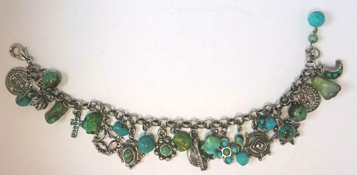 Vtg Sterling Silver Southwest Charm Bracelet 25 Charms Turquoise/Assorted 26.8 g