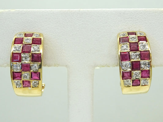 Vintage 14k Yellow Gold Ruby and Diamond Omega Earrings