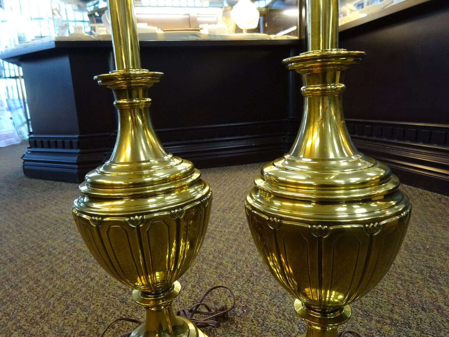 Mid-Century STIFFEL BRASS Table Lamps,Urn Style,w/ Matching Shades,Pair of 2