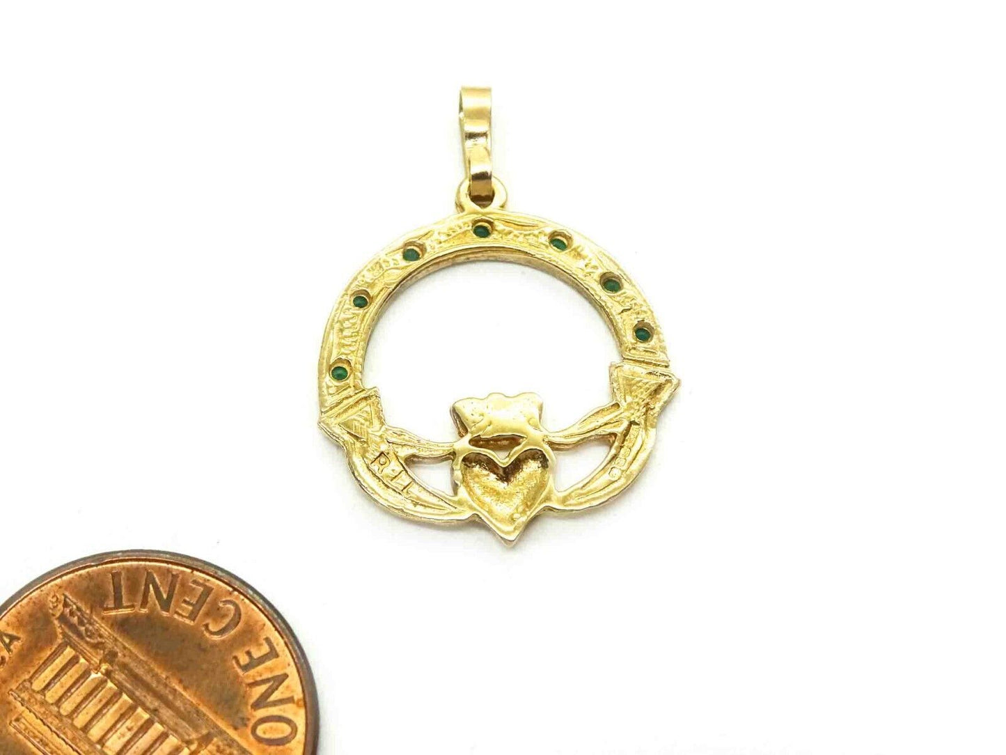 0.15ct tw Natural Emerald Claddagh Charm Pendant 9k Gold 1.6 Grams