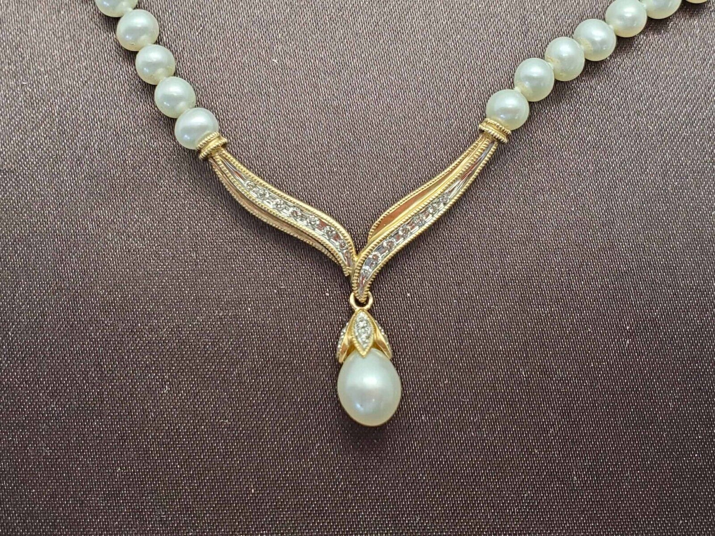 Estate Alwand Vahan Diamond & Pearl Y-Drop Station Bead Necklace 10k Gold 18.5"