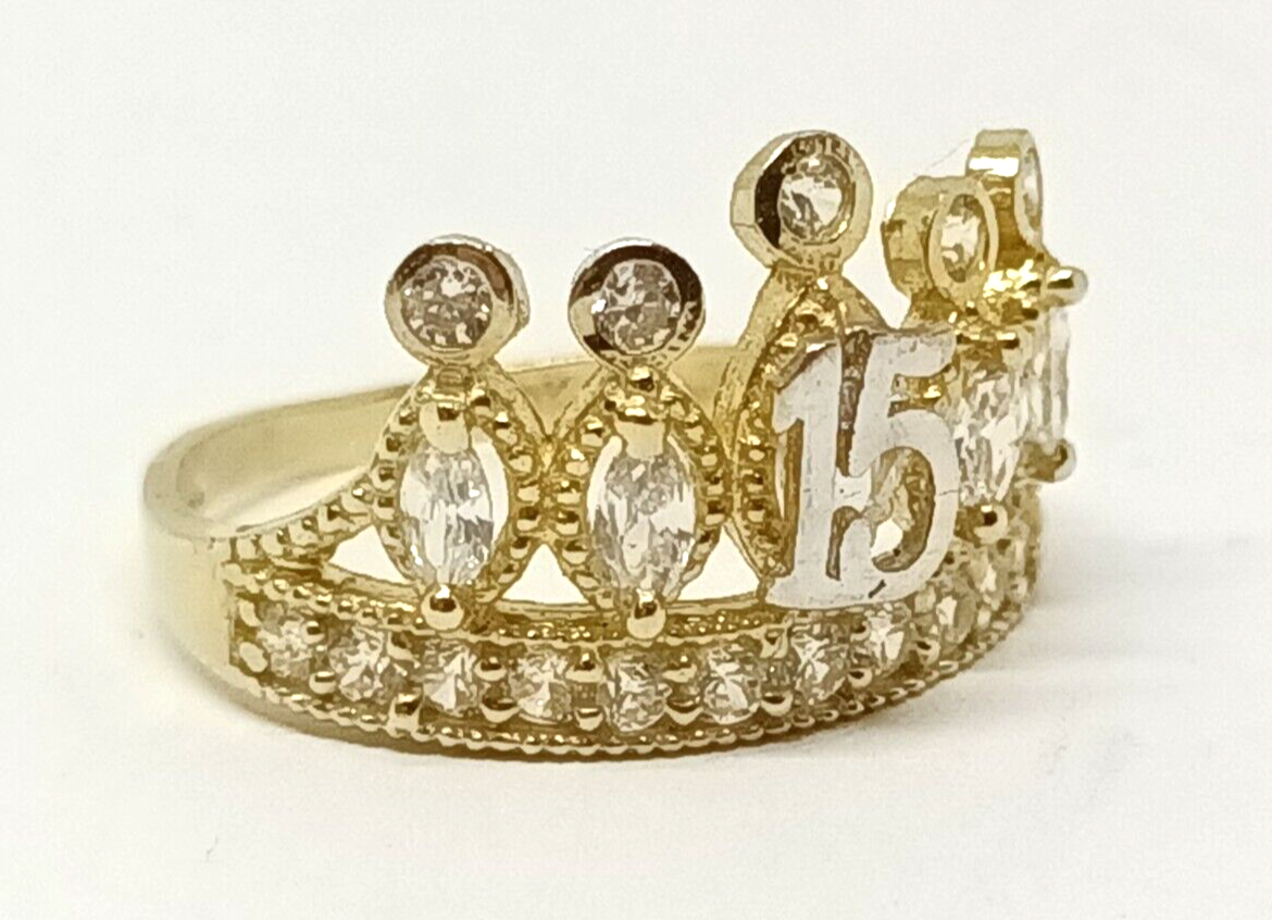 10k Yellow Gold 15 Anos Quinceanera Crown CZ Ring Size 7.5